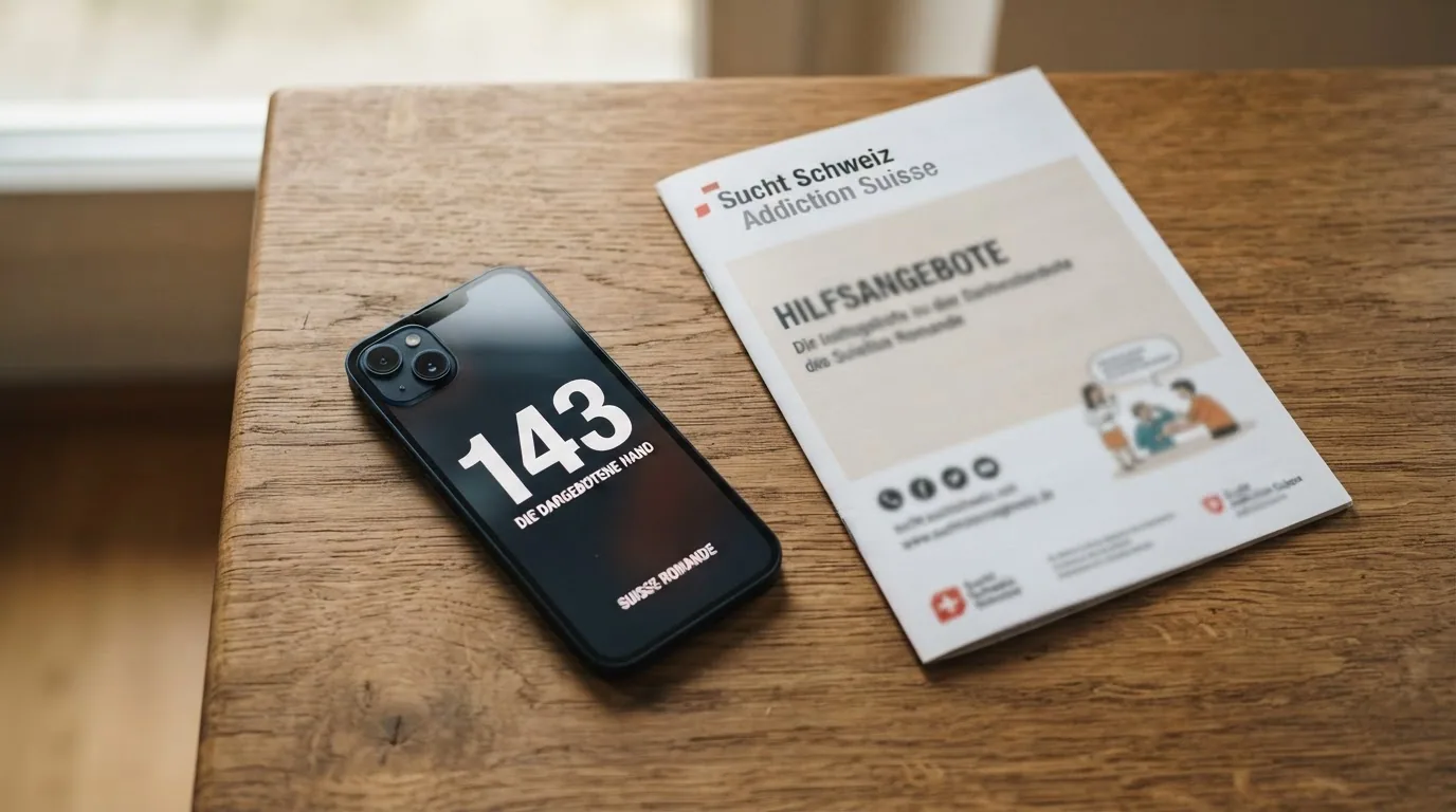 Eine ruhige Schreibtischszene mit einem Smartphone, das die Nummer 143 der Dargebotenen Hand zeigt, daneben eine Infobroschüre von Sucht Schweiz