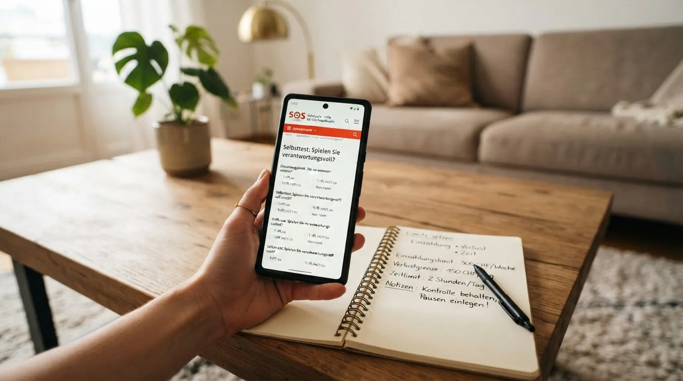Ein Smartphone mit geöffneter SOS-Spielsucht-Website (Selbsttest-Fragebogen sichtbar), daneben ein Notizbuch mit «Limits setzen: Einzahlung • Verlust • Zeit»