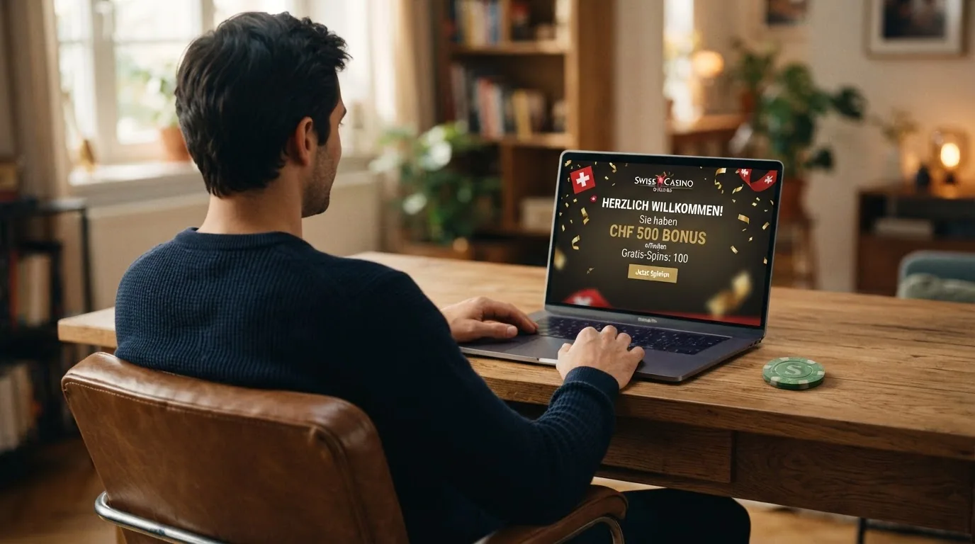 Zufriedener Spieler vor Laptop mit geöffnetem Schweizer Online-Casino