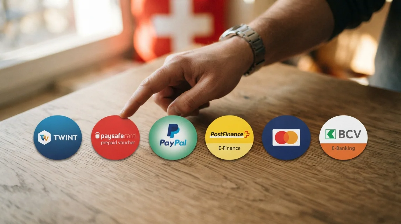 Sechs nebeneinanderliegende Zahlungsmittel-Symbole (TWINT, Paysafecard, PayPal, Apple Pay, PostFinance, Kreditkarte) auf einer Schweizer Flagge als Hintergrund