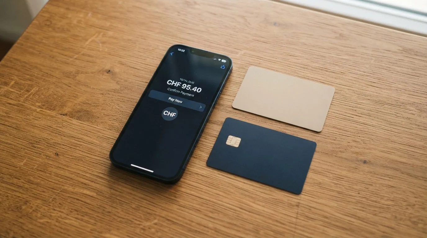 Ein Smartphone mit geöffneter TWINT-App neben einer Paysafecard und einer PostFinance-Debitkarte, auf einem Casino-Einzahlungsbildschirm im Hintergrund