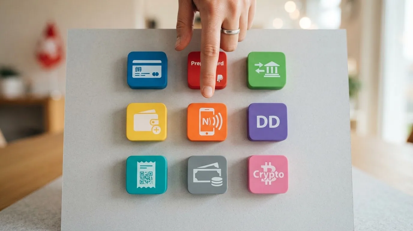 Übersichtliche Anordnung der Zahlungslogos: TWINT, Apple Pay, Paysafecard, Visa, Mastercard, PostFinance, Skrill, Neteller im Schweizer Design