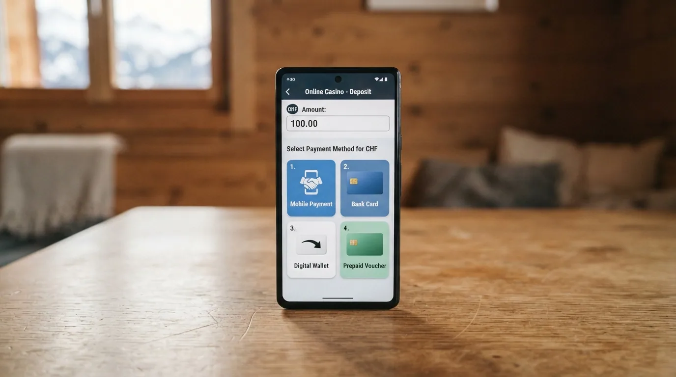 Schweizer Zahlungsmittel als Symbole: TWINT-Logo, PostFinance-Card, Kreditkarte und Apple-Pay-Symbol auf einem Smartphone-Display