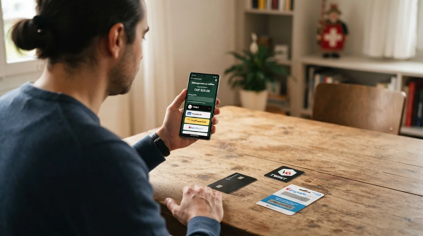 Die Logos der wichtigsten Schweizer Zahlungsmethoden: TWINT, PostFinance, Paysafecard, Skrill und Apple Pay