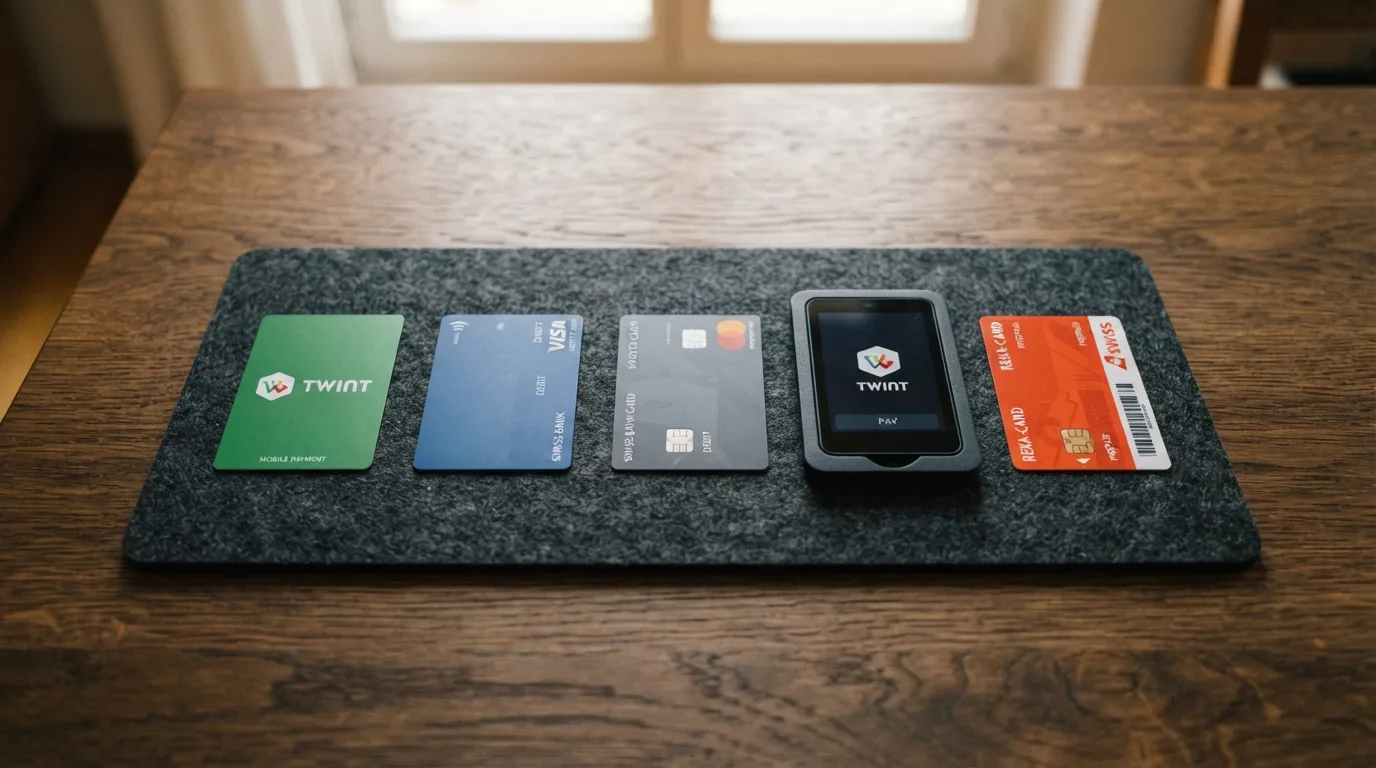 Die fünf gängigsten CH-Zahlungsmittel — TWINT, Kreditkarte, PostFinance, Apple Pay, Paysafecard — als nebeneinanderliegende Karten mit Symbol und kurzer Beschriftung