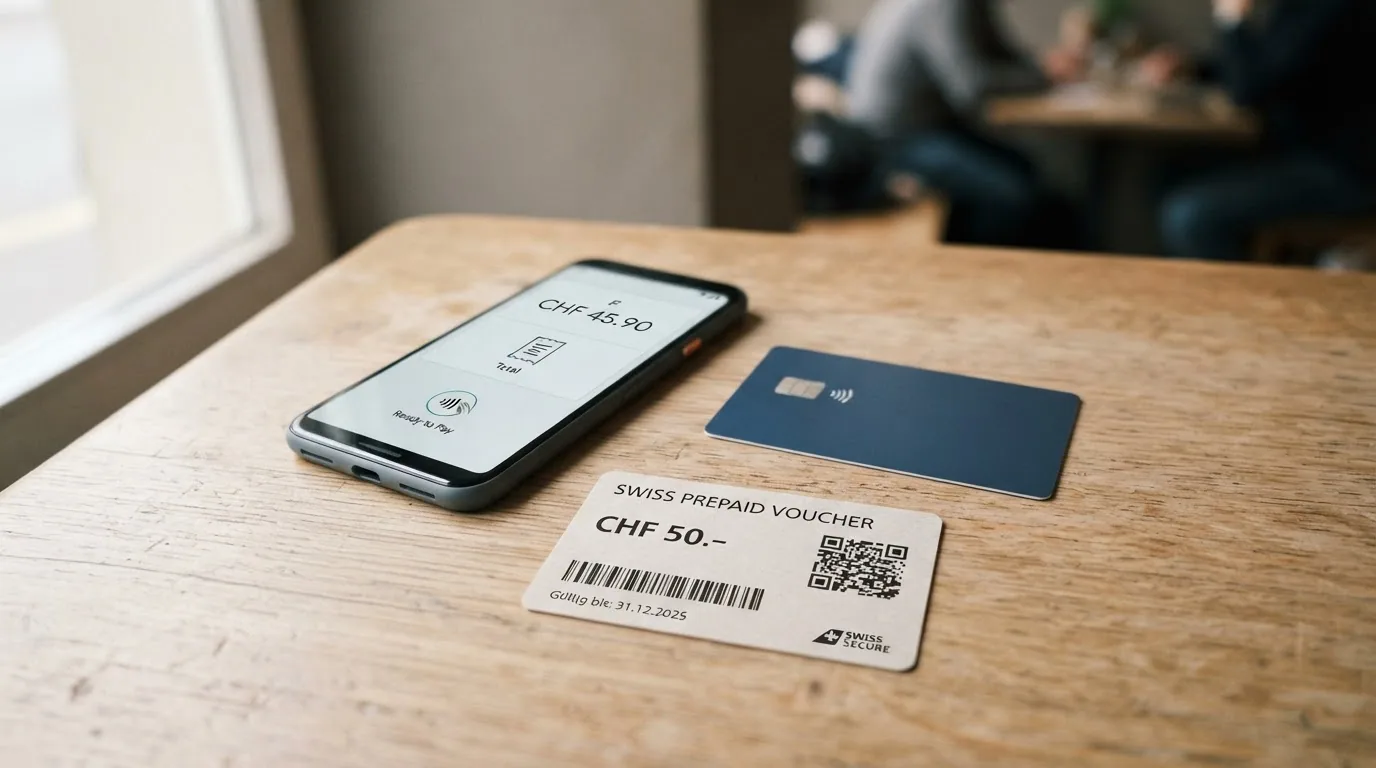 Schweizer Zahlungsmittel TWINT, Paysafecard und eine Kreditkarte auf einem Holztisch