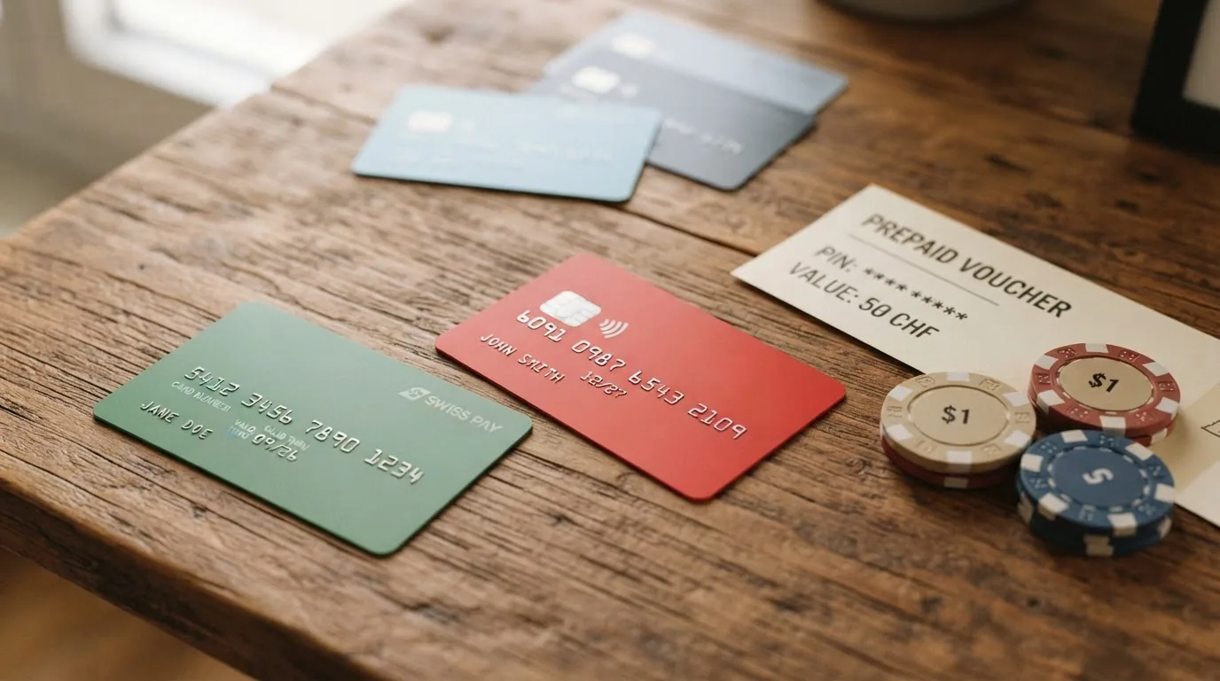 Eine Reihe von Zahlungssymbolen (TWINT, PostFinance, Paysafecard, Visa, Skrill) mit einem grünen Haken bei den gebührenfreien und einem gelben Hinweis bei den kostenpflichtigen Methoden