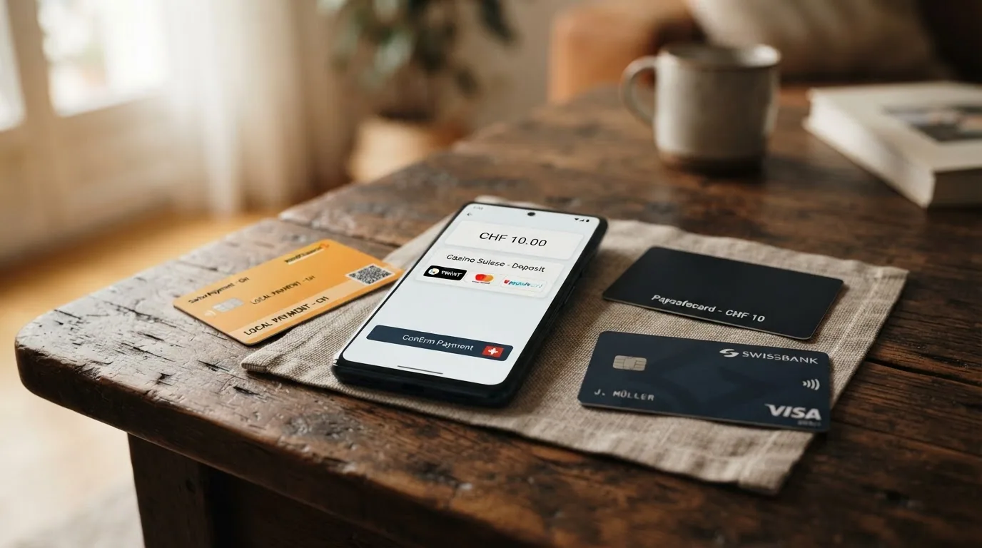 Eine Auswahl von Zahlungsmethoden — Smartphone mit TWINT-App, Paysafecard, Kreditkarte und PostFinance-Logo — auf einem Tisch