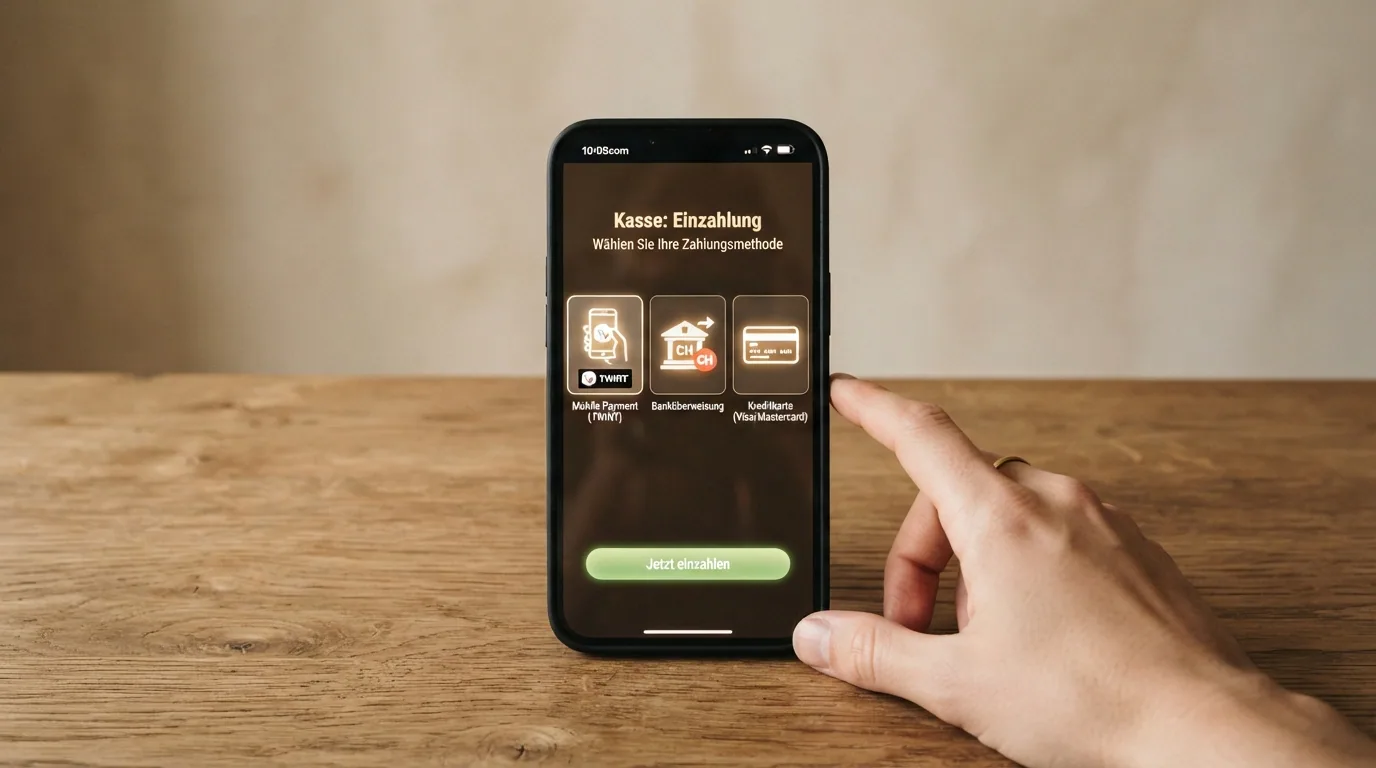 Drei Zahlungslogos — TWINT, PostFinance, Kreditkarte — auf einem Smartphone-Bildschirm mit Casino-Oberfläche